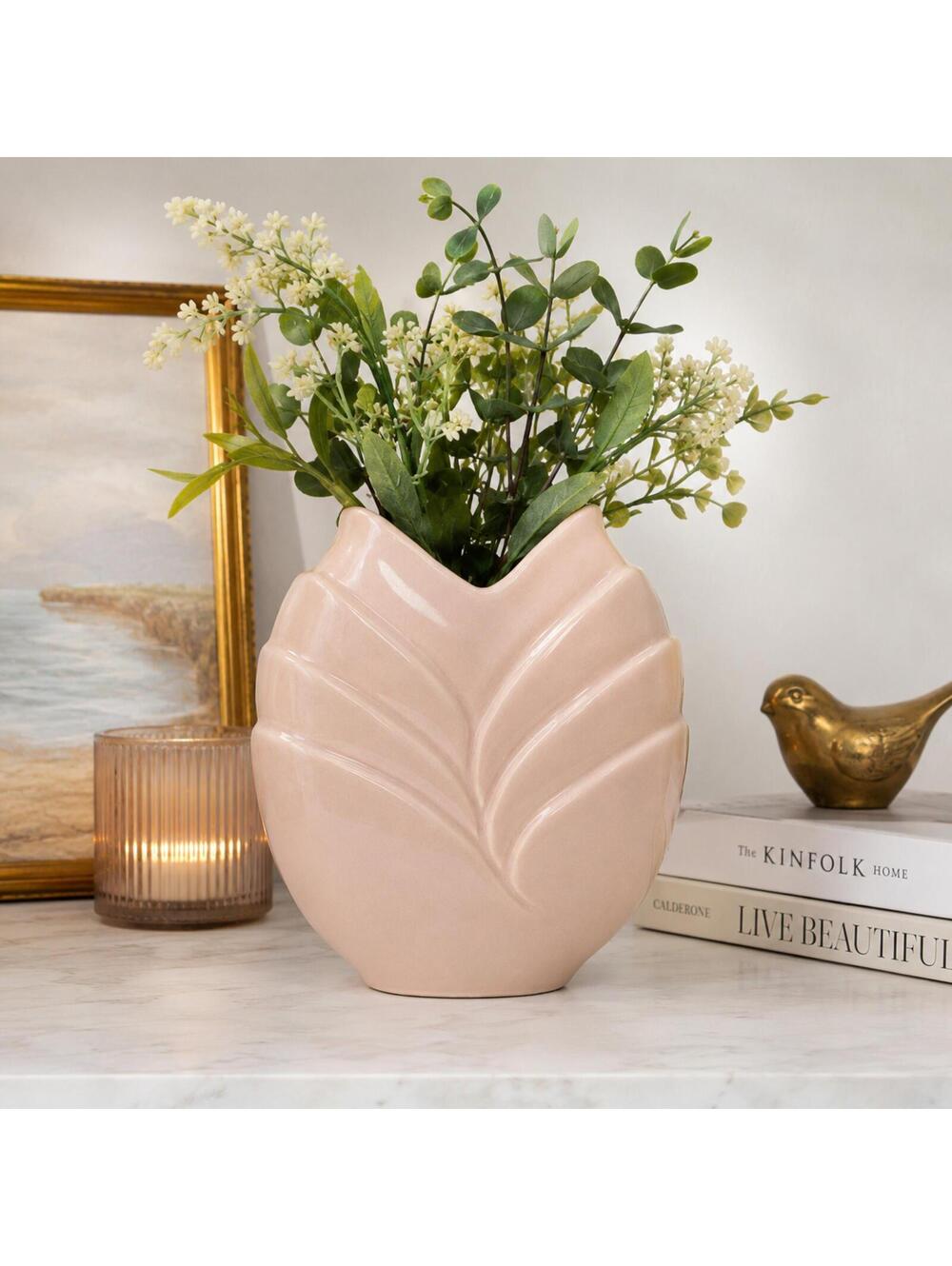 Vintage 1980s/90s Pink Leaf Vase Planter Blush Ceramic MCM Style Pottery 7.25"